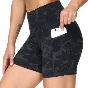 THE GYM PEOPLE High Waist Shorts, tummy Control, Camouflage, Small, side pockets